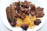 Platter with Seekh Kabab Beef, Chaplin Kabab, Beef Tikka.